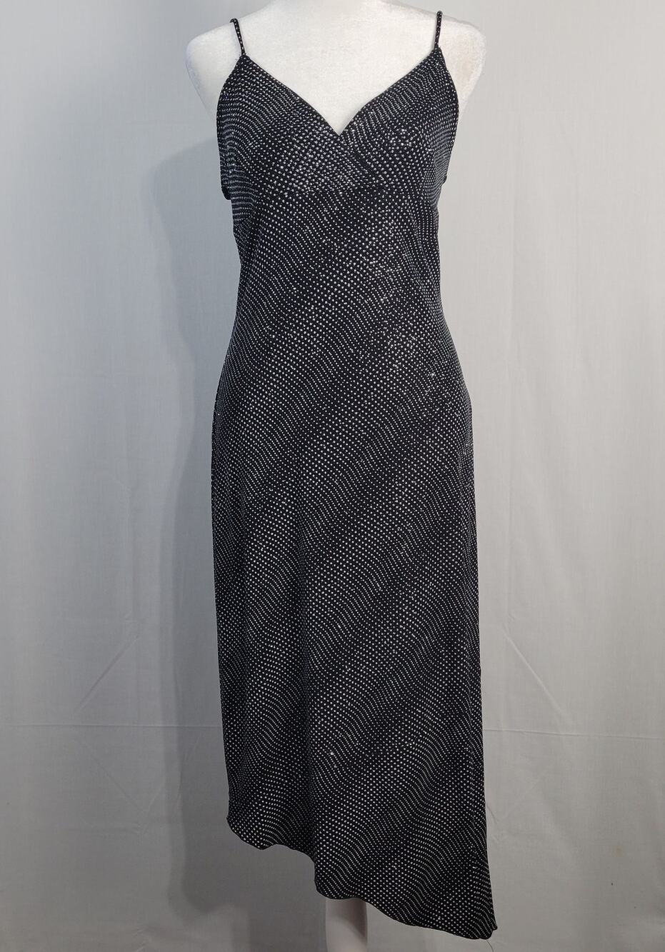 Vintage Spaghetti Strap Asymmetrical dress sz L Black Silver Shimmer 90s Y2K USA